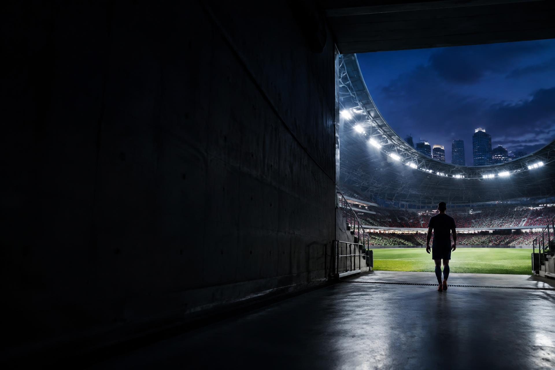 Footballer entering a floodlit stadium